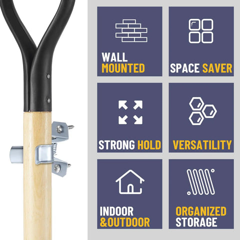 Heavy Duty Metal Spring Clip Hangers 30 Pack Wall Mount Organizer for garage with feature icons and mounted tool handle.
