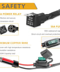 Heavy Duty 12V Wiring Harness Kit with nylon construction and rocker switch, 30A fuse, 40A relay, and copper wire for LED light bar.