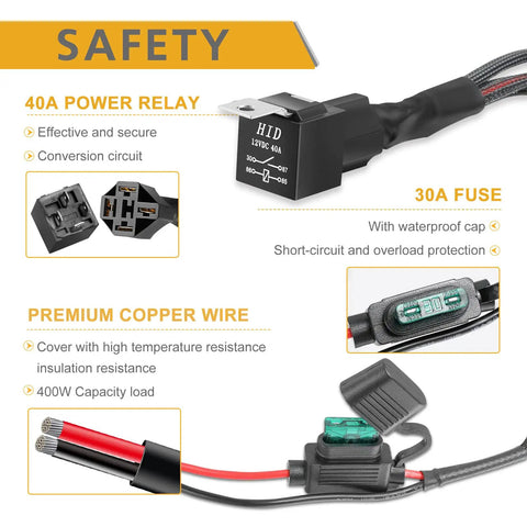 Heavy Duty 12V Wiring Harness Kit with nylon construction and rocker switch, 30A fuse, 40A relay, and copper wire for LED light bar.