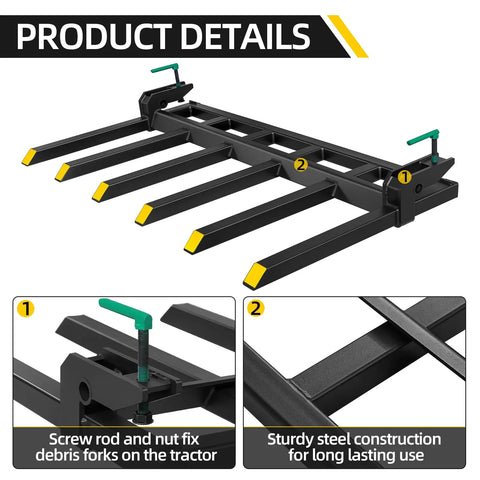 Heavy Duty Clamp On Debris Forks For 60 Inch Buckets That Fit Loader And Skid Steer To Tackle Fallen Debris With 4000 Lb Capacity And Tough Steel Build, showing steel construction and clamps