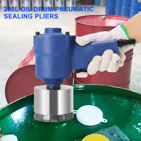 16 Blade Carbide Pneumatic Oil Barrel Crimper Sealer 35 70mm Hydraulic Drum Pressure Cap Tool Heavy Duty Max Pulling Force 1300 Lbs For Paints And Chemical Drums Quick Seal in use sealing a green drum.