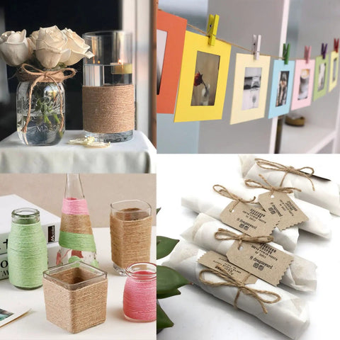 Craft projects using Three Rolls Of 984 Ft Twine String 2mm Natural Jute And White Cotton Rope for decoration and gift wrapping.