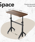 Height Adjustable Rolling Standing Desk On Wheels 28 To 46 Inches 31.5 By 15.75 Inches Sit Stand Computer Workstation For Home Office Portable Desk For Walking Pad And Treadmill Walnut Finish with dimensions labeled.