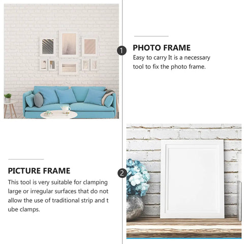 Living room with photo frames on the wall and a sofa; single picture frame on a shelf beside decorative items.