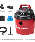 Pro Grade 2.5 Gallon Wet Dry Shop Vac Featuring Wall Mount Storage And Killer Suction Motor For Rapid Garage Sweeps Durable Carry Handle Design In Fiery Red with accessories.