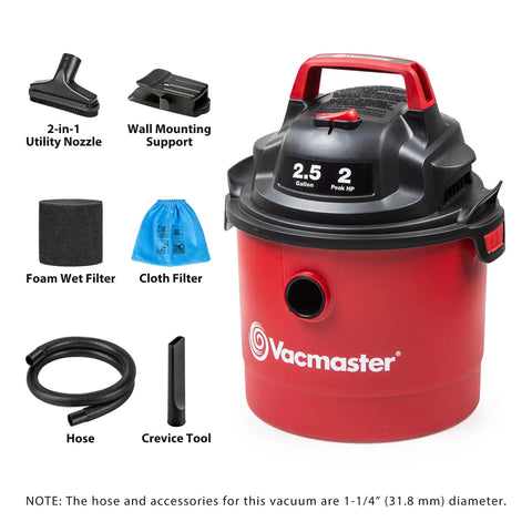 Pro Grade 2.5 Gallon Wet Dry Shop Vac Featuring Wall Mount Storage And Killer Suction Motor For Rapid Garage Sweeps Durable Carry Handle Design In Fiery Red with accessories.