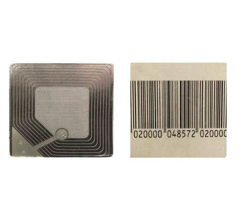 Starter Sound Security Kit With 2000 Soft Sensor Labels Glass Top Soft Label Device With Audible Alert And RF 8.2 MHz EAS Antenna Tower Gate System For Retail Stores Gift Shops And Inventory Protection showing a pair of sensor labels, including barcode and RF circuit.