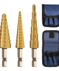 Step Drill Bit Set Three Piece HSS Titanium Coated High Speed Steel Bits With Twenty Eight Sizes From One Eighth To Three Quarters Inch next to a case