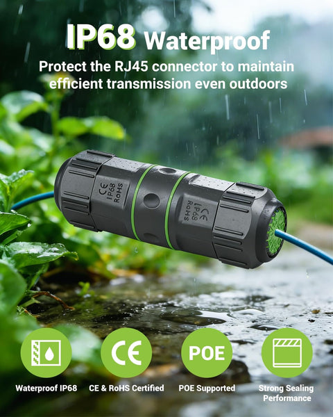 Beefy Outdoor Waterproof RJ45 Ethernet Coupler Shielded Cat7 Cat6a Cat6 IP68 Weatherproof Female To Female Connector on wet surface