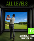 Person practicing golf swing with Inflatable Golf Simulator Enclosure With White Projection Screen, Portable Practice Net Tent For Indoor Outdoor Use, 1.5m L By 3.5m W By 2.8m H, Includes Air Pump For Home Garage Office Training