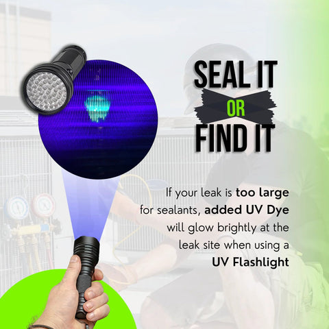 Leak Saver Direct Inject Ultimate 3-in-1 AC leak sealer: black UV flashlight with blue glow