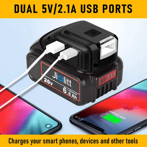 Dewalt 20V USB Battery Adapter Charger with LED Work Light DC Port and Dual USB Ports charging two smartphones.