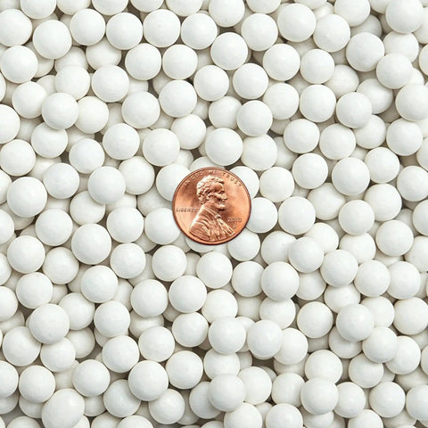 8 Pound Ceramic Tumbling Media Balls For Rock Tumblers Reusable White Alumina Pellets Three Tenths Inch Diameter with penny for scale