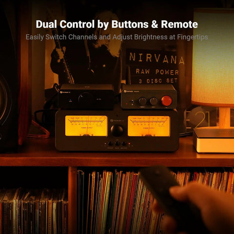 LC30 VU Meter Amplifier And 2 In 2 Out Speaker Switcher With Remote on shelf with dual VU meters and remote control