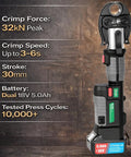 Heavy Duty 18V Cordless Electric Hydraulic Pipe Crimper With Three Jaws And Badass 32KN Force showing crimp force specs and battery.