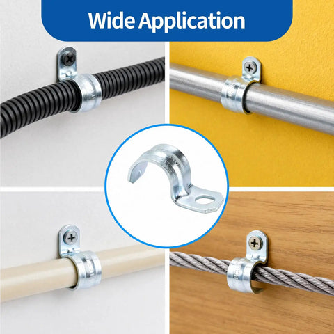Heavy Duty One Hole 1/2 Emt Straps 100 Pack Zinc Plated Steel Conduit Clamps For Electrical Tubing installed on various surfaces.