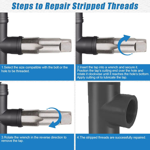 Illustration showing steps for using Five Piece NPT Pipe Tap Set With Sizes One Eighth Inch Through Three Quarters Inch Carbon Steel Hand Threading Tool