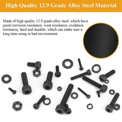 Tough As Nails 2180 Piece Metric Hex Socket Head Cap Screws Nuts Washers Assortment Kit With Precision Allen Wrenches M2 M3 M4 M5 12.9 Grade Alloy Steel Black Set showing various screws, washers, and nuts.