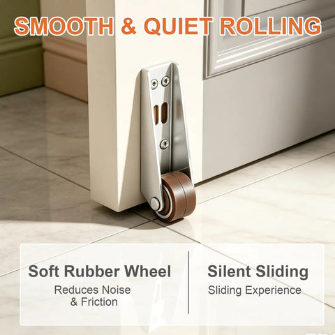 Heavy Duty Vertical Track Roller Wheels For Sliding Barn Doors And Cabinets With Silent Rubber Casters Tough Bottom Guide Rollers That Roll Dang Smooth Handle Heavy Loads Four Pack Set showcasing soft rubber wheel for quiet operation.