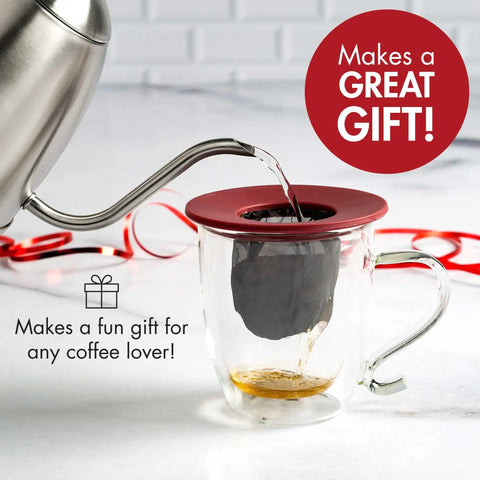 Portable Pour Over Coffee Maker With Reusable Fine Mesh Filter in use pouring water into a glass mug, red color, 404.88 mL