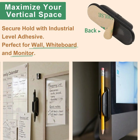 10 Pack Adhesive Silicone Pencil Holders for desk and wall organization, showing holders on wall and monitor with pencil grip detail.