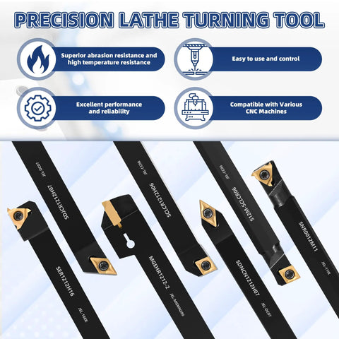21-Piece Indexable Lathe Tool Set With 7 Half Inch Shanks And Carbide Inserts for Turning, Grooving, Threading, and Boring