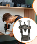 Man using Vertical Drill Guide Attachment for Home Workshops, Sturdy Portable Drill Press Stand With Premium Holder in a cabinet.