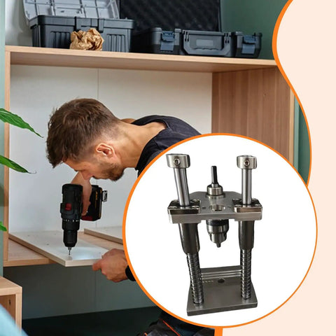 Man using Vertical Drill Guide Attachment for Home Workshops, Sturdy Portable Drill Press Stand With Premium Holder in a cabinet.
