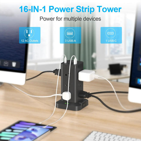 Beefy Power Strip Tower With USB Ports And Surge Protector 12 Outlets And 4 USB Ports Including USB C 10 ft Extension Cord