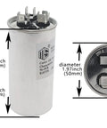 Dual Run Capacitor 70 Plus 5 MFD 370V 440V CBB65B dimensions and terminals view