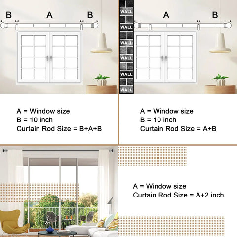 1 Inch Black Curtain Rods Beefy Heavy Duty Adjustable Splicing Curtain Rod With Brackets Fits 30 To 44 Inches Easy Install Hardware Included For Windows Ideal For Living Rooms And Bedrooms With Simple Mounting, diagram showing curtain rod installation options for different window sizes.
