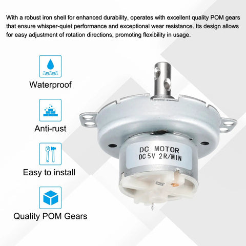 Go To Low Speed 5V DC Brushed Gear Motor JS-50T With 2 RPM, CW CCW D Shaft, shown with waterproof, anti-rust features