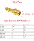 Brass fitting with size tips from 5 Piece Hose Barb Fittings Kit One Quarter Inch Barb To One Quarter Inch NPT Male Brass Adapter Connector With Hose Clamp Durable Corrosion Resistant High Pressure Up To Two Hundred Fifty PSI For Quick Hookups