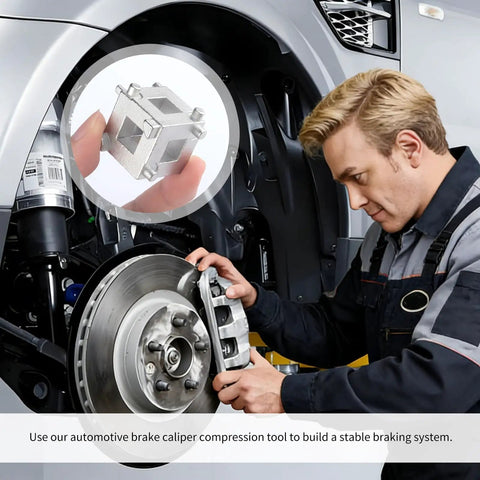 Tough Nails Cube Brake Caliper Compression Tool With 3/8 Inch Drive Socket being used to reset a disc brake piston in an auto shop.