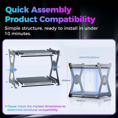 Space Saving Dual Layer 3D Printing Workstand with dimensions and assembly instructions visible