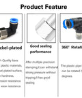 Product feature of 1/4 NPT Elbow Push To Connect Air Fittings Set for Pneumatic Lines, showing nickel-plated surface and 360° rotation.