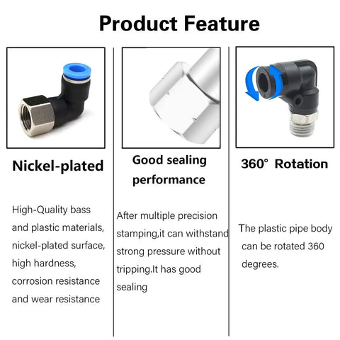 Product feature of 1/4 NPT Elbow Push To Connect Air Fittings Set for Pneumatic Lines, showing nickel-plated surface and 360° rotation.