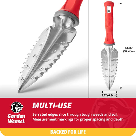 Pro Grade Multi Use Transplanter Tool For Garden Digging Cultivating Planting And Weeding Heavy Duty Hand Digging Trowel And Mini Shovel For Precision Planting Root Cutting And Soil Loosening 91360 with serrated edges and measurements