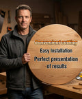 Man displaying a wooden circle cut with Top Shelf Circle Cutting Jig For Compact And Cordless Routers Featuring Slick Fast Adjustments And Tough As Nails Durability For Ace Woodworkers Demanding Clean Cut Results Every Single Time.