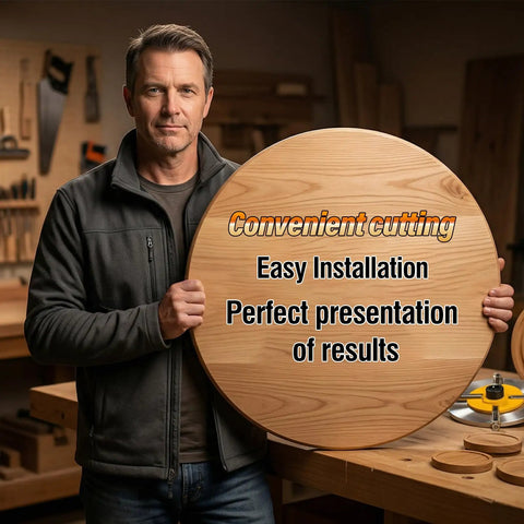 Man displaying a wooden circle cut with Top Shelf Circle Cutting Jig For Compact And Cordless Routers Featuring Slick Fast Adjustments And Tough As Nails Durability For Ace Woodworkers Demanding Clean Cut Results Every Single Time.