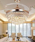 Rose Gold Crystal Fandelier Ceiling Fan With Light And Remote in living room, 42 inch retractable blades, chandelier style.