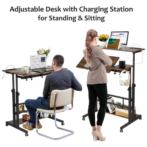 Mobile Standing Desk With Adjustable Height Rolling Desk Stand Up Station For Home Office Portable Laptop Desk On Wheels With Charging Station Rustic Brown in use by seated and standing individuals.