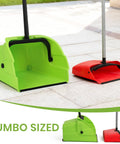 Triple Pack Super Sized Commercial Broom And Dustpan Set With Extra Long Handle features green and red jumbo dustpans for heavy duty cleanup.