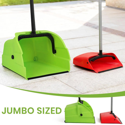 Triple Pack Super Sized Commercial Broom And Dustpan Set With Extra Long Handle features green and red jumbo dustpans for heavy duty cleanup.