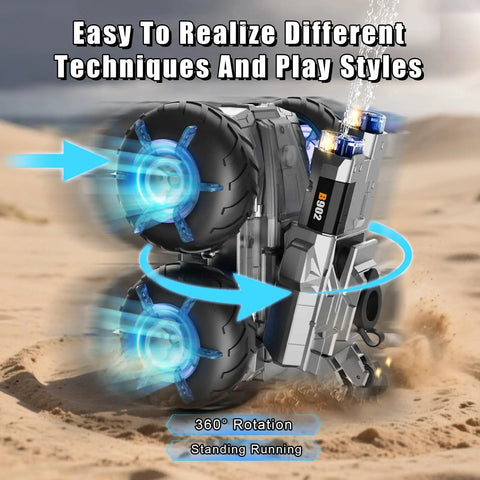 3 In 1 Amphibious RC Car Transforms Into Boat With Built In Water Gun For Epic Backyard Battles Off Road Ready 4WD performing a 360° flip on sandy terrain