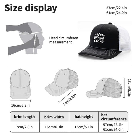Size display of Everyday Men's Breathable Outdoor Trucker Hat For Summer Adventures, showing dimensions and head circumference fit.