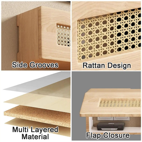 Dope Wall Mounted Rattan Router Cabinet Hides Smart Home Gear Tucked Away For Chill Vibes In Any Space Featuring Breathable Slots For No Sweat Cooling And Smooth WiFi Signals. Close-up of rattan design and multi-layered material.