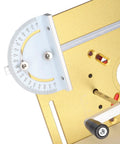 No Sweat Router Lift Base Kit With Precision Table Insert Plate showing gold alloy base with adjustable angle and height features.