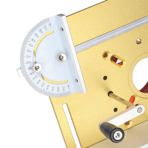 No Sweat Router Lift Base Kit With Precision Table Insert Plate showing gold alloy base with adjustable angle and height features.