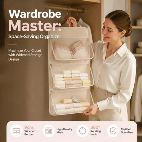 Pink Mesh Storage Hanging Bag With 360 Swivel Hook and Expandable Double Layer Closet Organizer shown with bras and rolled underwear.